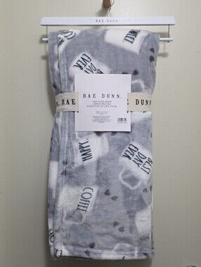 VHTF Rae Dunn Gray and White Plush Throw with Mug Print - ONLY ONE
